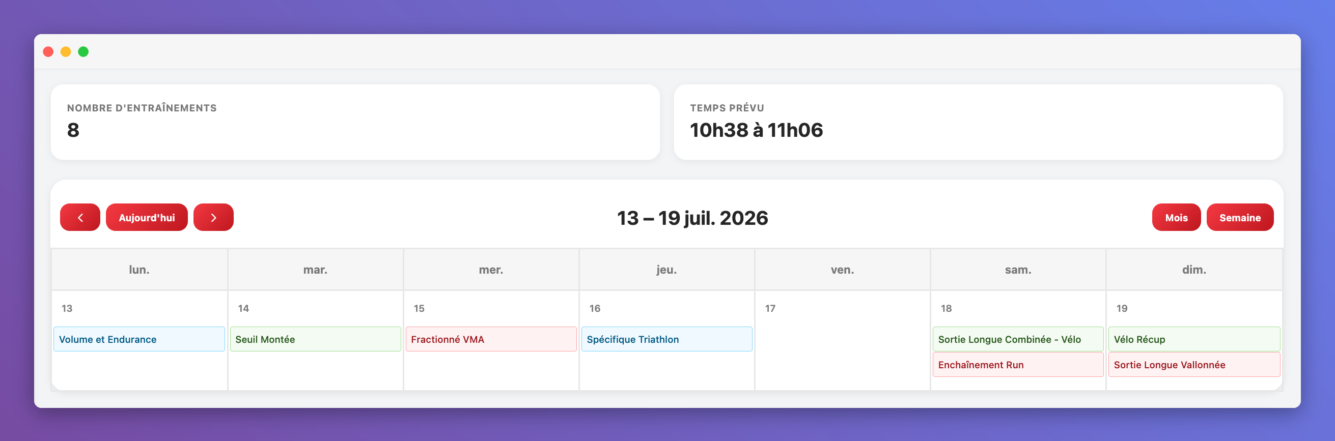 Calendrier d'entraînement